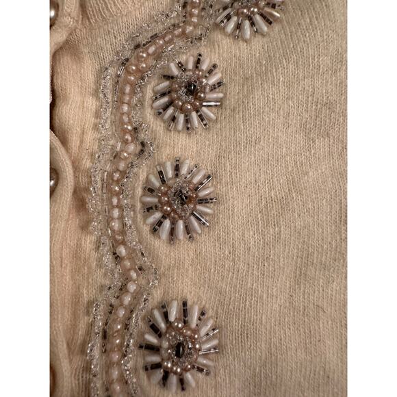 VINTAGE 50'S 60'S BONNIE BRIAR 100% CASHMERE BEADED PEARLS CARDIGAN SWEATER - Picture 10 of 11